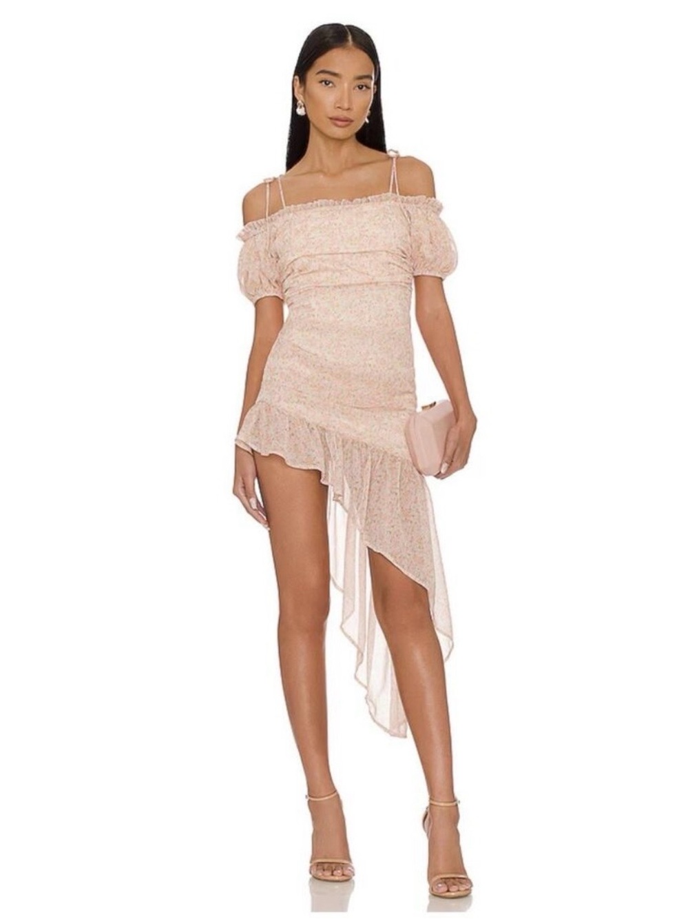 MAJORELLE Pink Off-Shoulder Asymmetrical Midi Dress